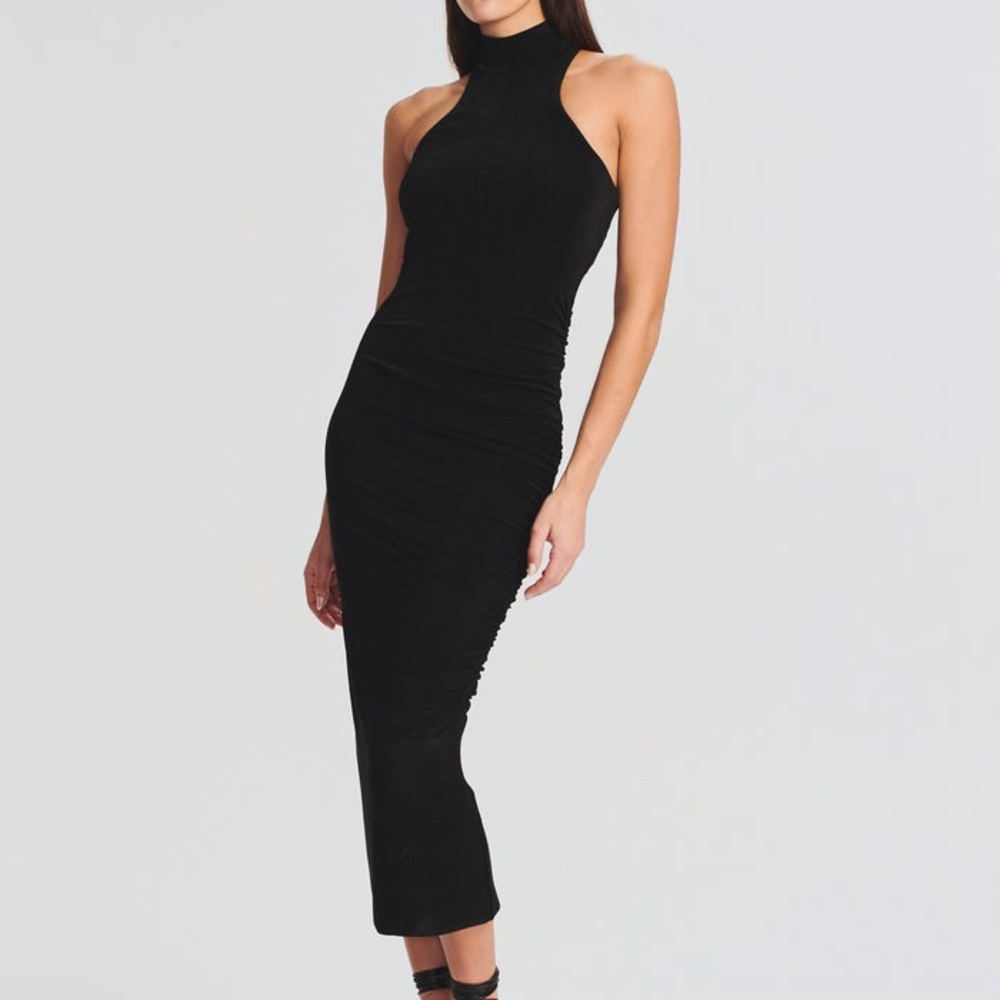 SER.O.YA Black High-Neck Ruched Midi Dress